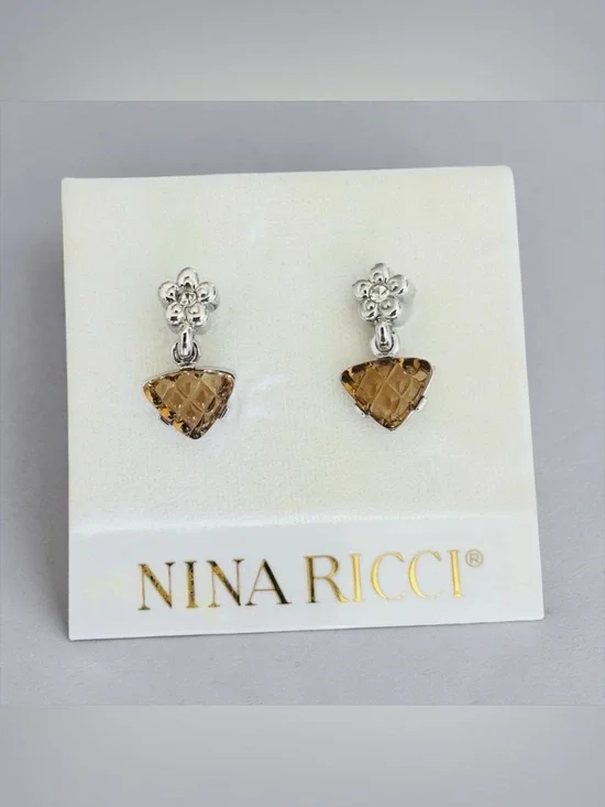 Nina Ricci Silver Floral Stud Earrings with Honey-Brown Crystal Drops enamel - Picture 1 of 6